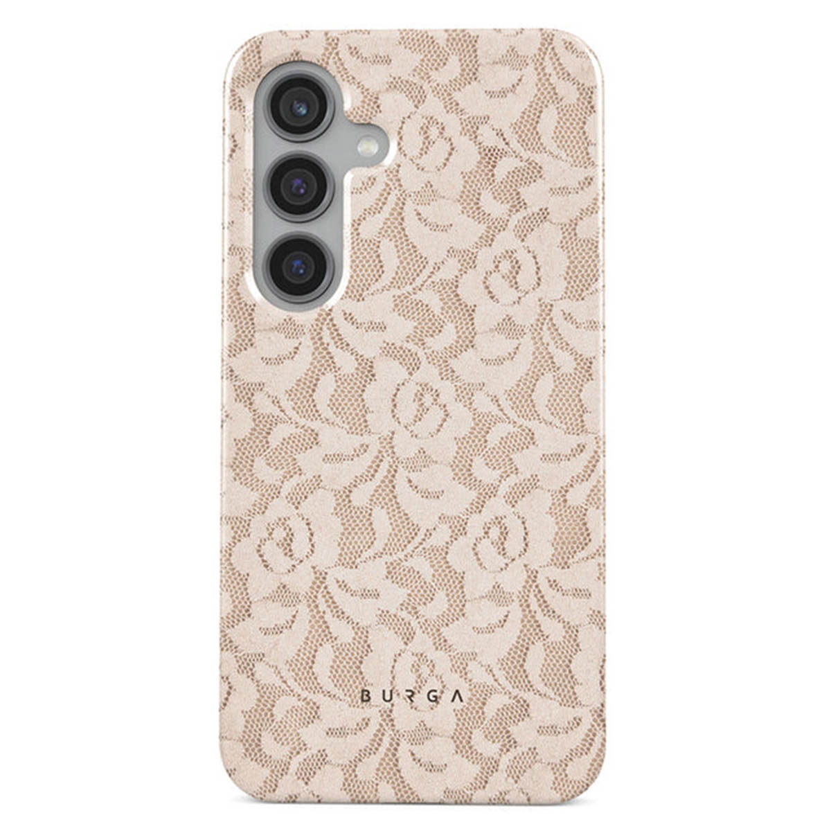 Une coque de téléphone avec un motif en dentelle beige. Elle a une découpe pour la caméra avec trois lentilles et la marque 'BURGA'.