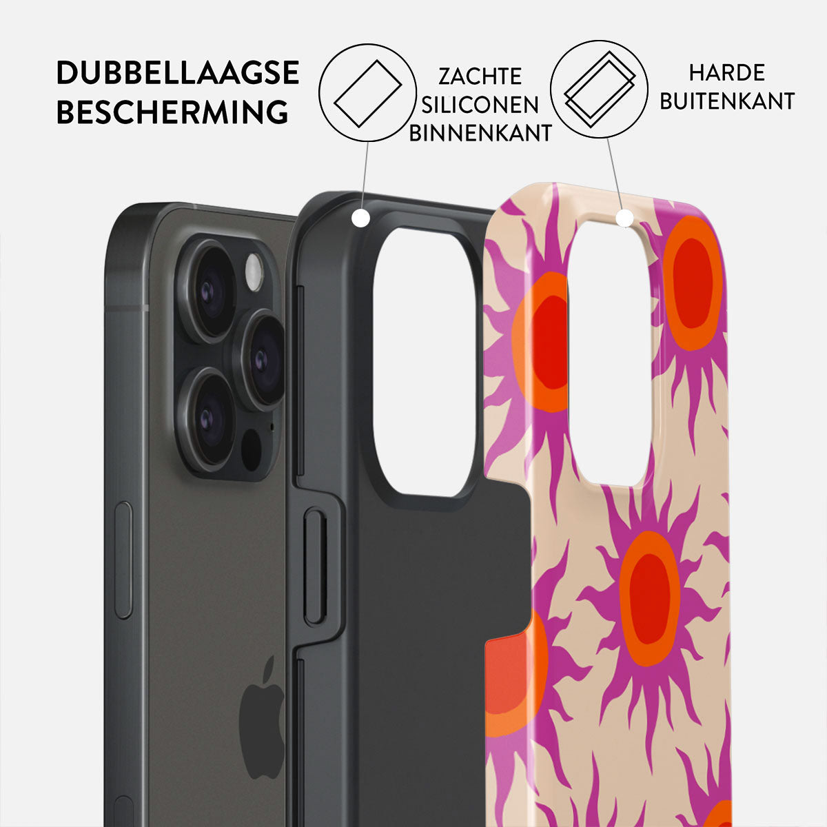 Een telefoonhoesje met bloemenpatroon. Tekst geeft 'dubbele bescherming', 'zachte siliconen binnenkant' en 'harde buitenkant' aan.