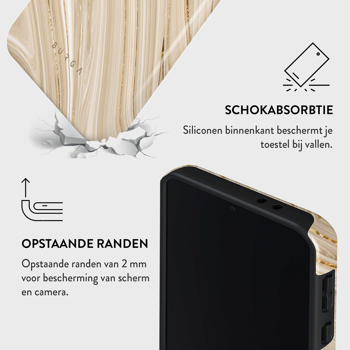 Een telefoonhoesje met een goud-wit marmer ontwerp, een deel van de telefoon is zichtbaar. Nederlandse teksten beschrijven schokabsorptie en opstaande randen.