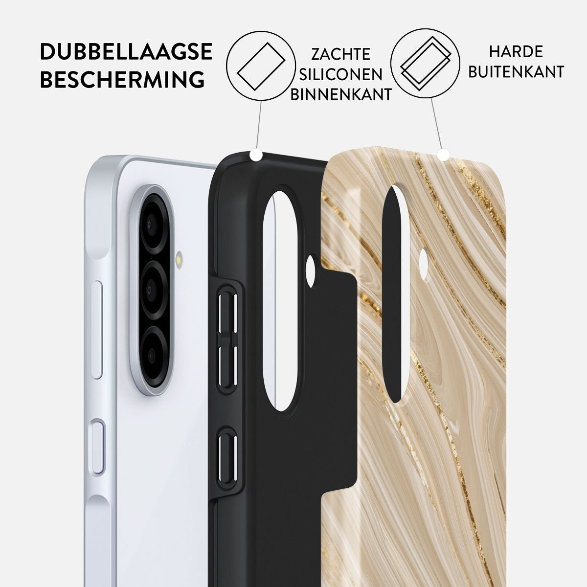 Diagram van een telefoonhoesje met lagen: telefoon, zwarte siliconen en een harde buitenschaal met patroon. Tekst geeft dubbele bescherming aan.