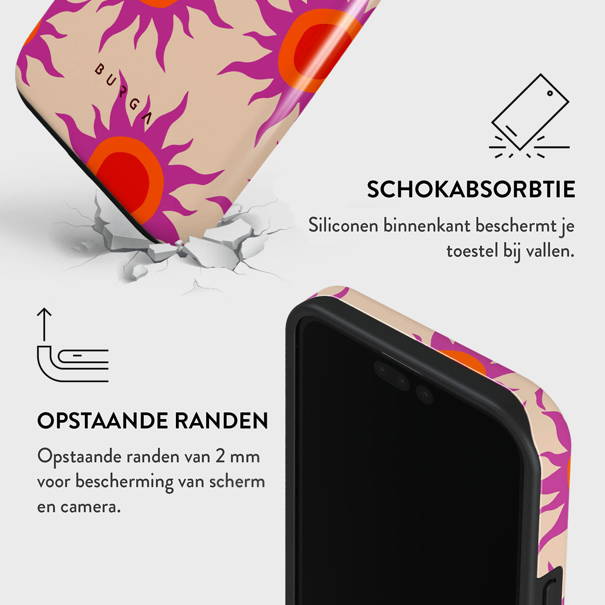 Telefoonhoesje met zonnepatroon. Beschermende functies worden weergegeven. Telefoon wordt getoond.