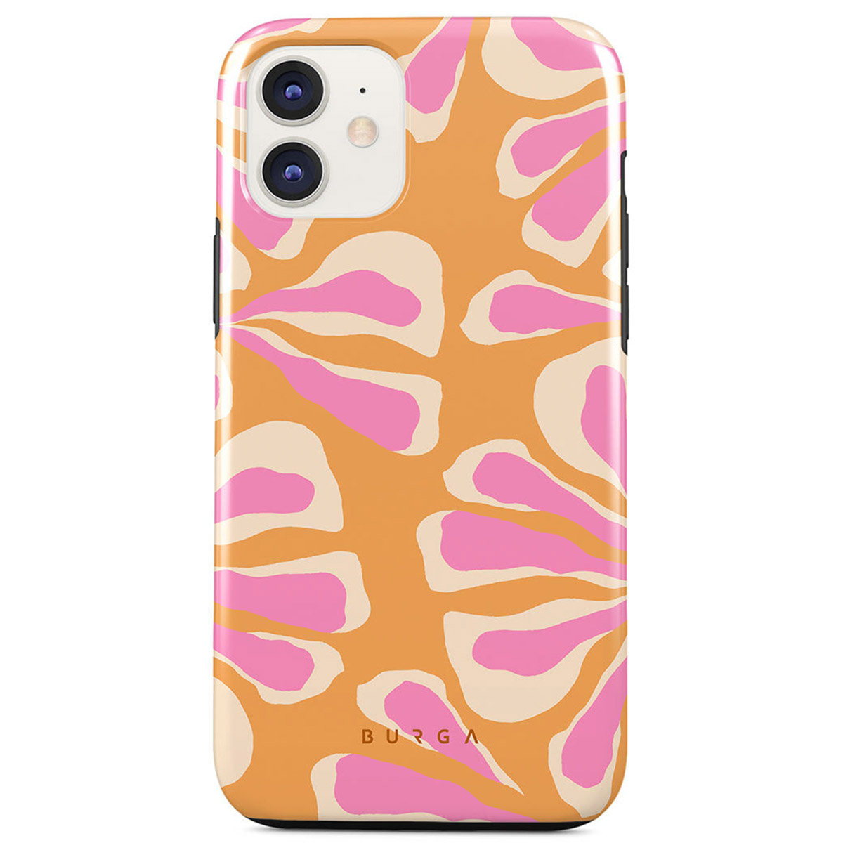 iPhone case with orange background and pink and cream flower-like patterns. The phone has a camera at the top.