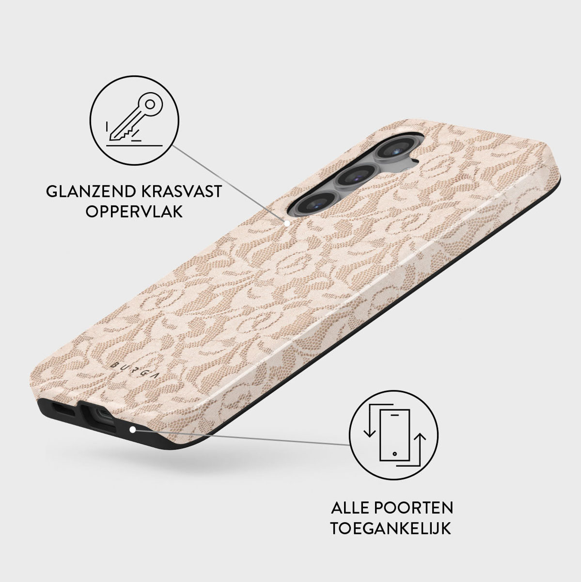 Une coque de téléphone avec un motif de dentelle beige est affichée. La coque a une surface brillante et résistante aux rayures. Texte : tous les ports accessibles.