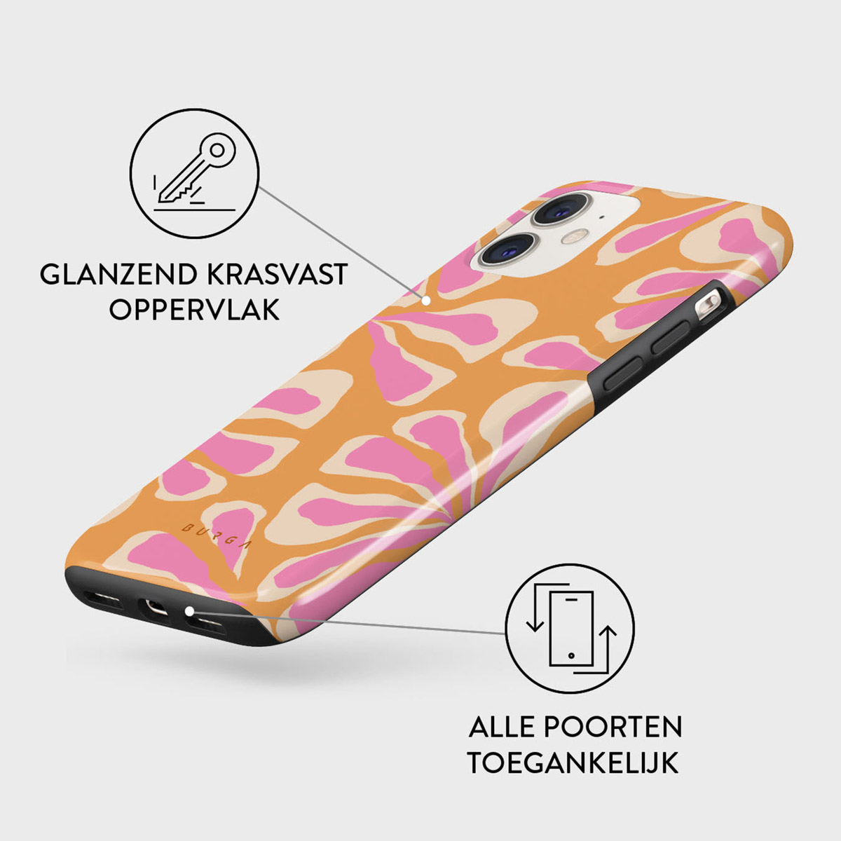 A phone case with a pink and orange floral pattern. The case has a black border and is glossy. Text in Dutch indicates features.