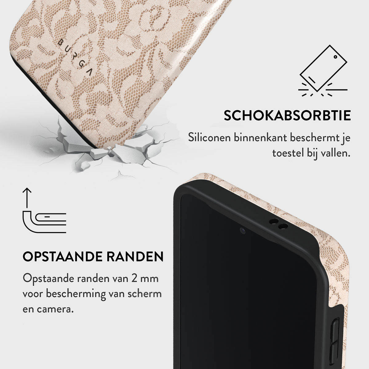 Coque de téléphone à motif floral. La coque protège le téléphone. Texte: Absorption des chocs, bords surélevés.