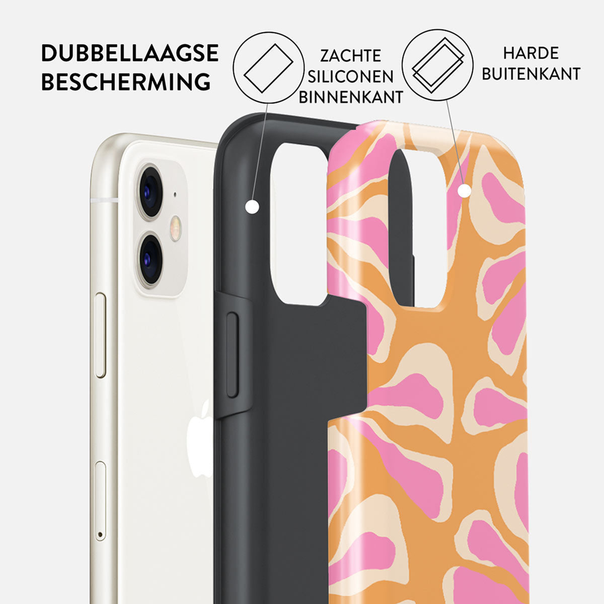 Phone case showing double layer protection: soft silicone inner and hard outer. Design features pink and cream organic shapes on orange.