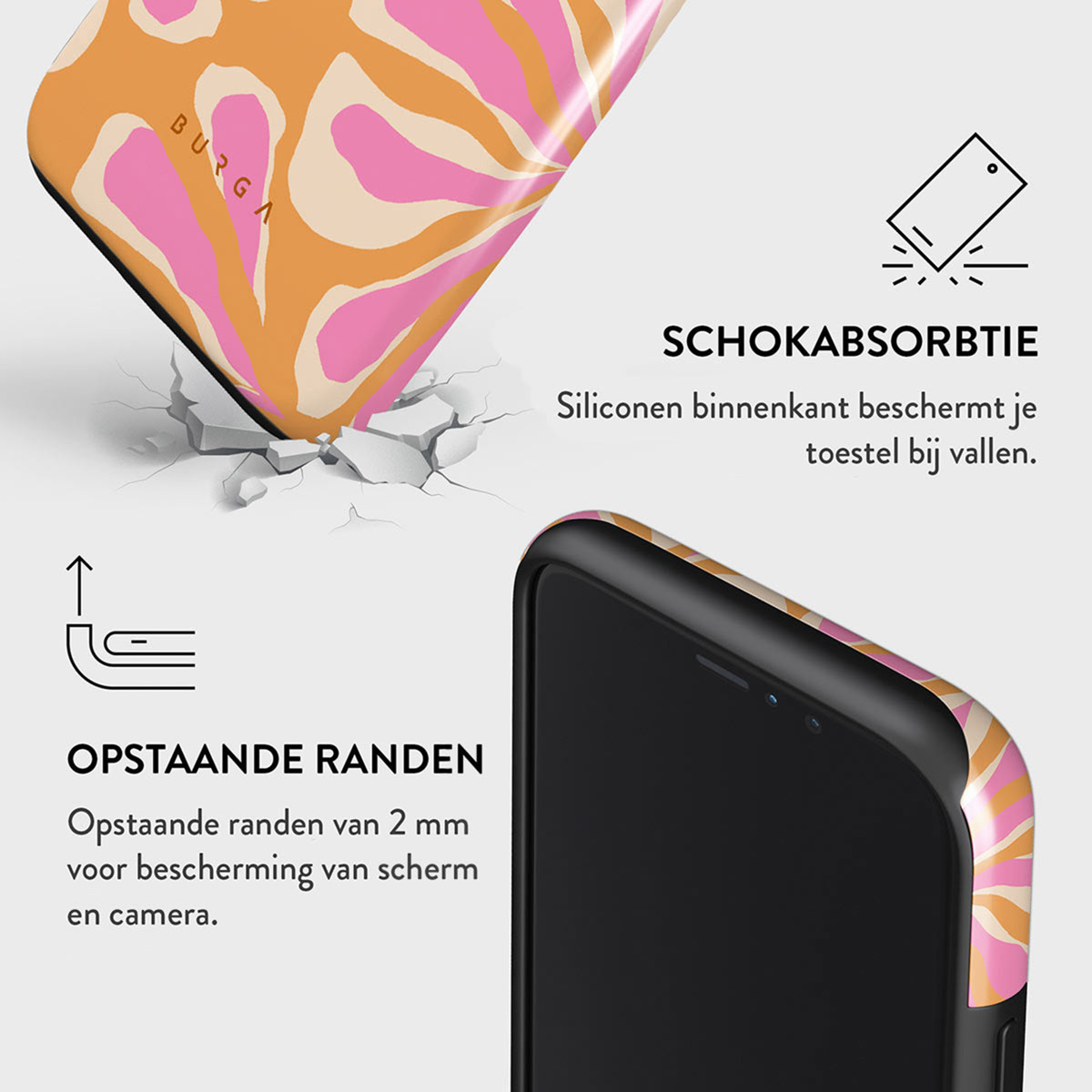 A phone case with a floral design is shown. The case is protecting a phone. Text describes the features of the case.