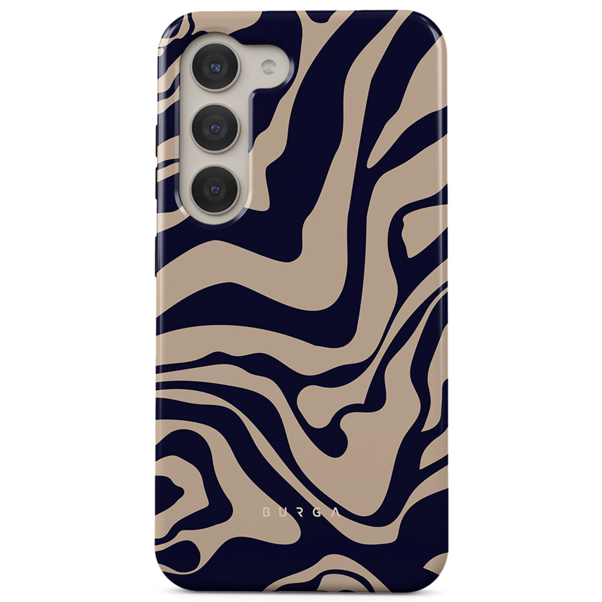 Smartphonehoesje met marineblauw en beige golfpatroon. Het heeft een cameramodule met drie lenzen. De merknaam is zichtbaar.