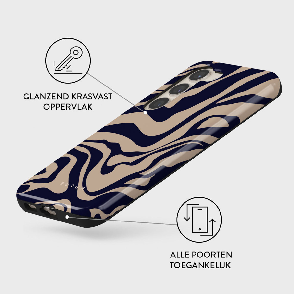Een telefoonhoesje met een golvend marineblauw en beige patroon. De hoes is glanzend en krasbestendig. Alle poorten zijn toegankelijk.