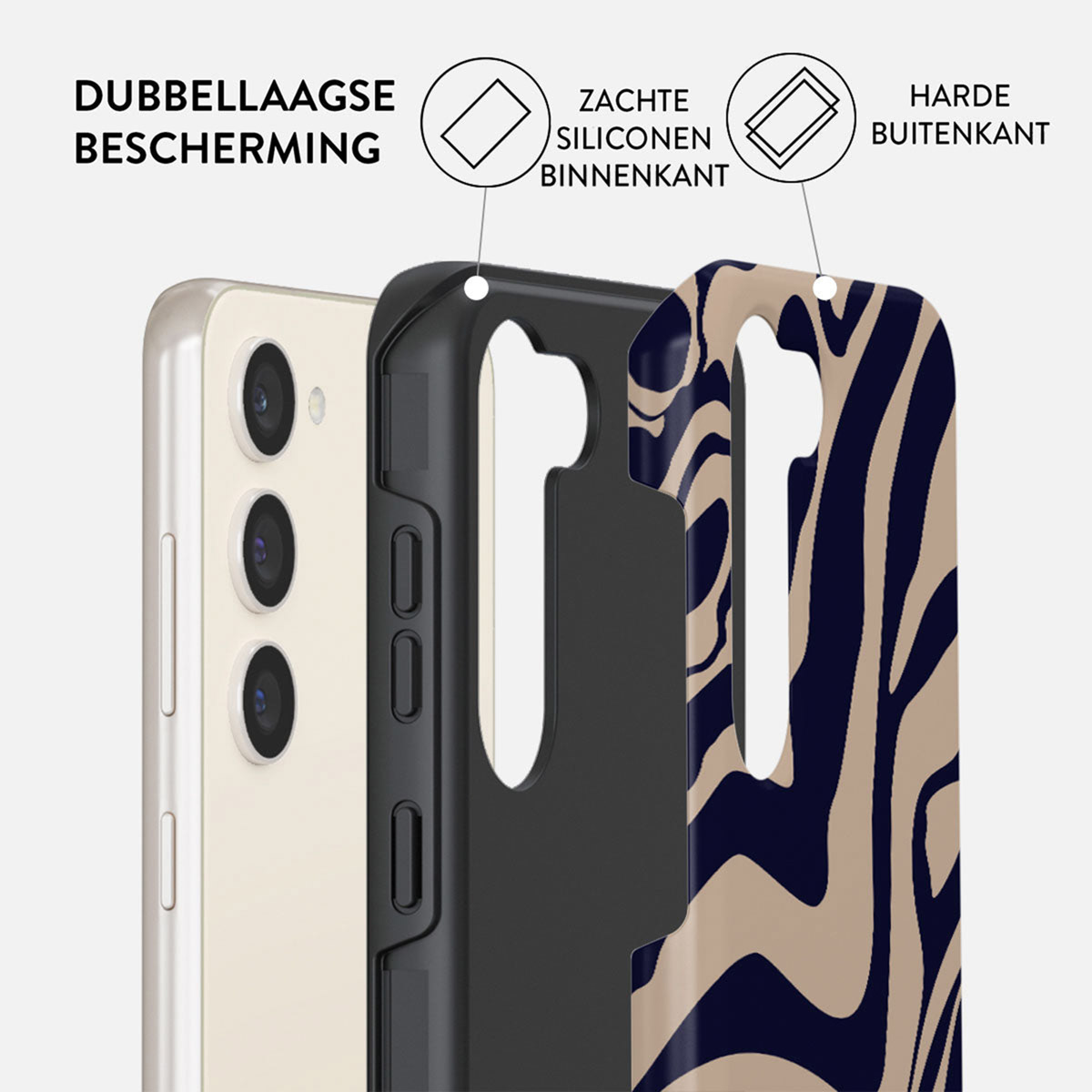 Telefoonhoesje met dubbellaagse bescherming. Zachte siliconen binnenkant en harde buitenkant. Beige en marineblauw abstract patroon. Telefoon zichtbaar.