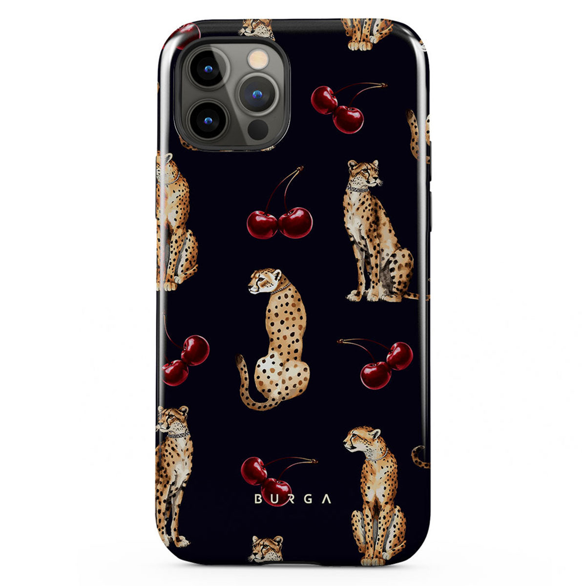Zwarte telefoonhoes met cheeta's en kersen. Cheeta's in verschillende poses zijn verdeeld over de hoes met rode kersen.
