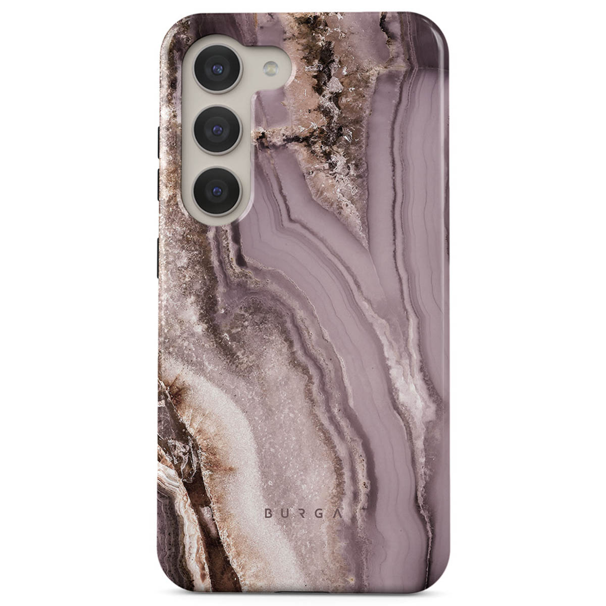 Une coque de téléphone avec un design en marbre. La coque a des nuances de violet, de marron et de blanc. Trois lentilles et un flash sont visibles.