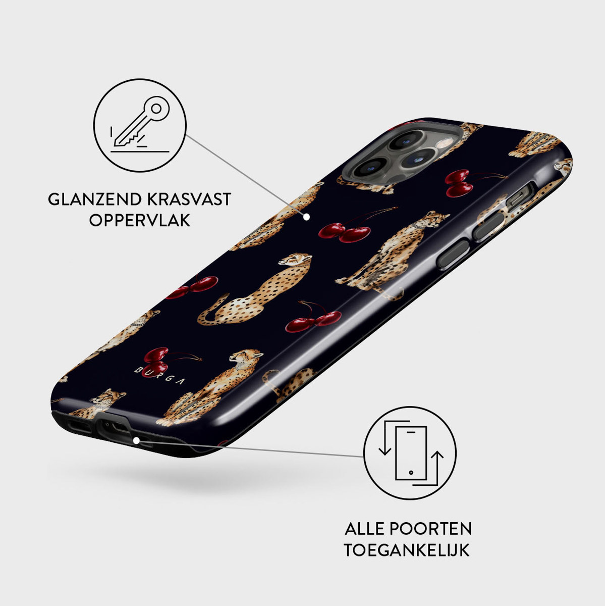 Telefoonhoesje met luipaard- en kersenpatroon op donkere achtergrond. Tekst luidt 'Glanzend Krasvast Oppervlak' en 'Alle poorten toegankelijk'.