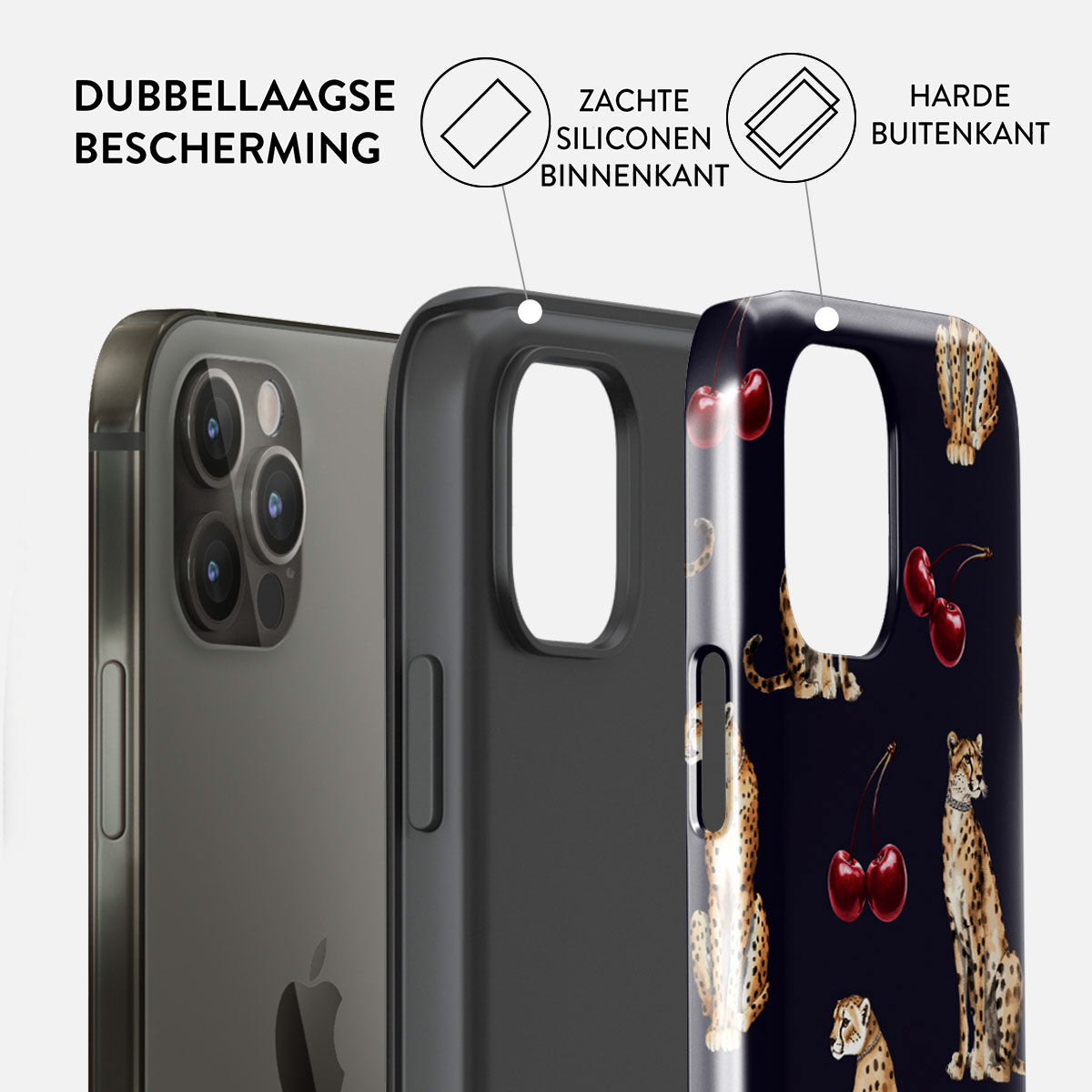 Drie telefoonhoesjes. Eén toont de telefoon, de tweede is zwart, de derde is zwart met cheeta's en kersen.