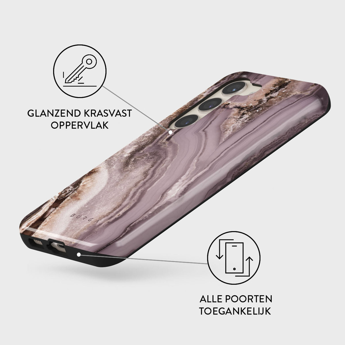 Une coque de téléphone avec un design en marbre est affichée. La coque a une surface brillante, résistante aux rayures et est accessible à tous les ports.