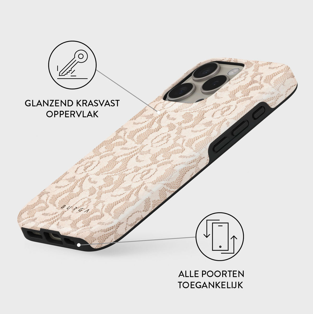 Een telefoonhoesje met een beige bloemenpatroon. Het heeft een zwarte rand en is schuin. Tekst beschrijft functies met iconen eromheen.