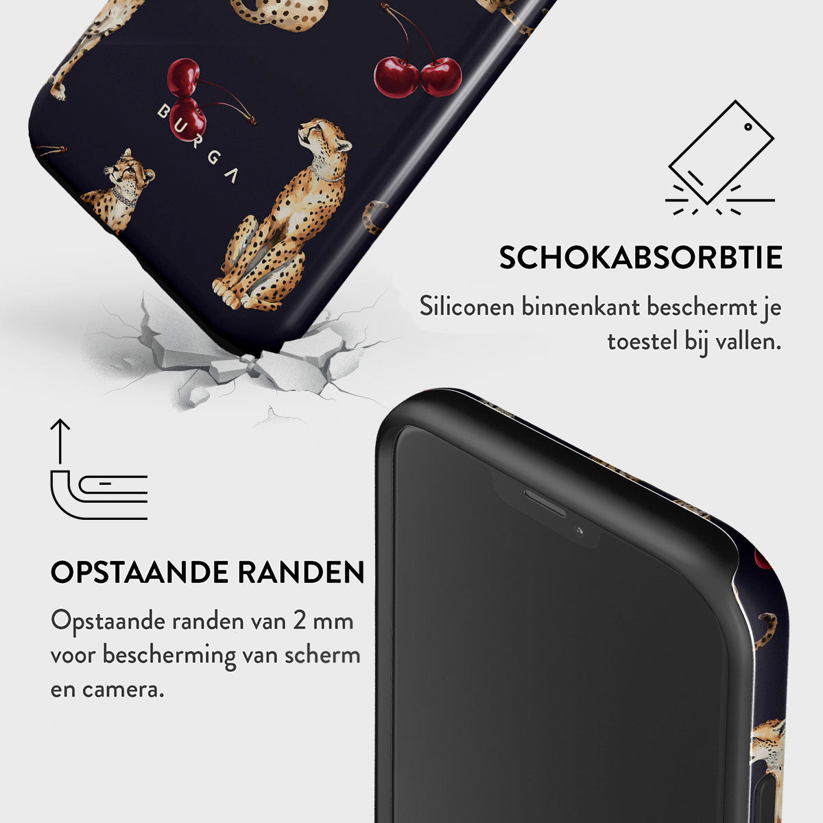 Een telefoonhoesje met luipaard- en kersenpatronen. De case wordt getoond met een telefoon, tekst die schokabsorptie aangeeft en verhoogde randen voor bescherming.