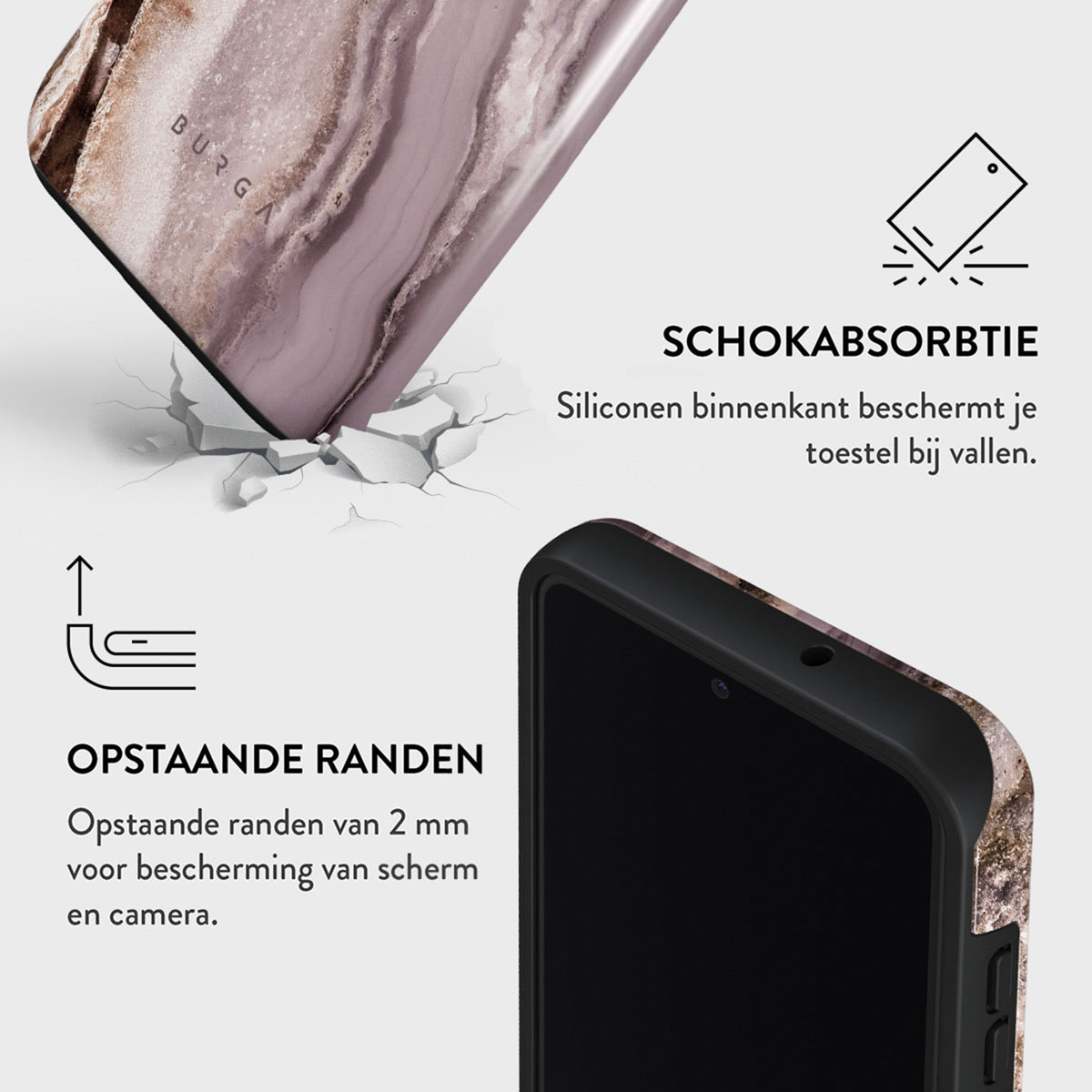Coque de téléphone avec motif marbre, en angle, avec téléphone noir. Le texte met en évidence l'absorption des chocs et les bords relevés.