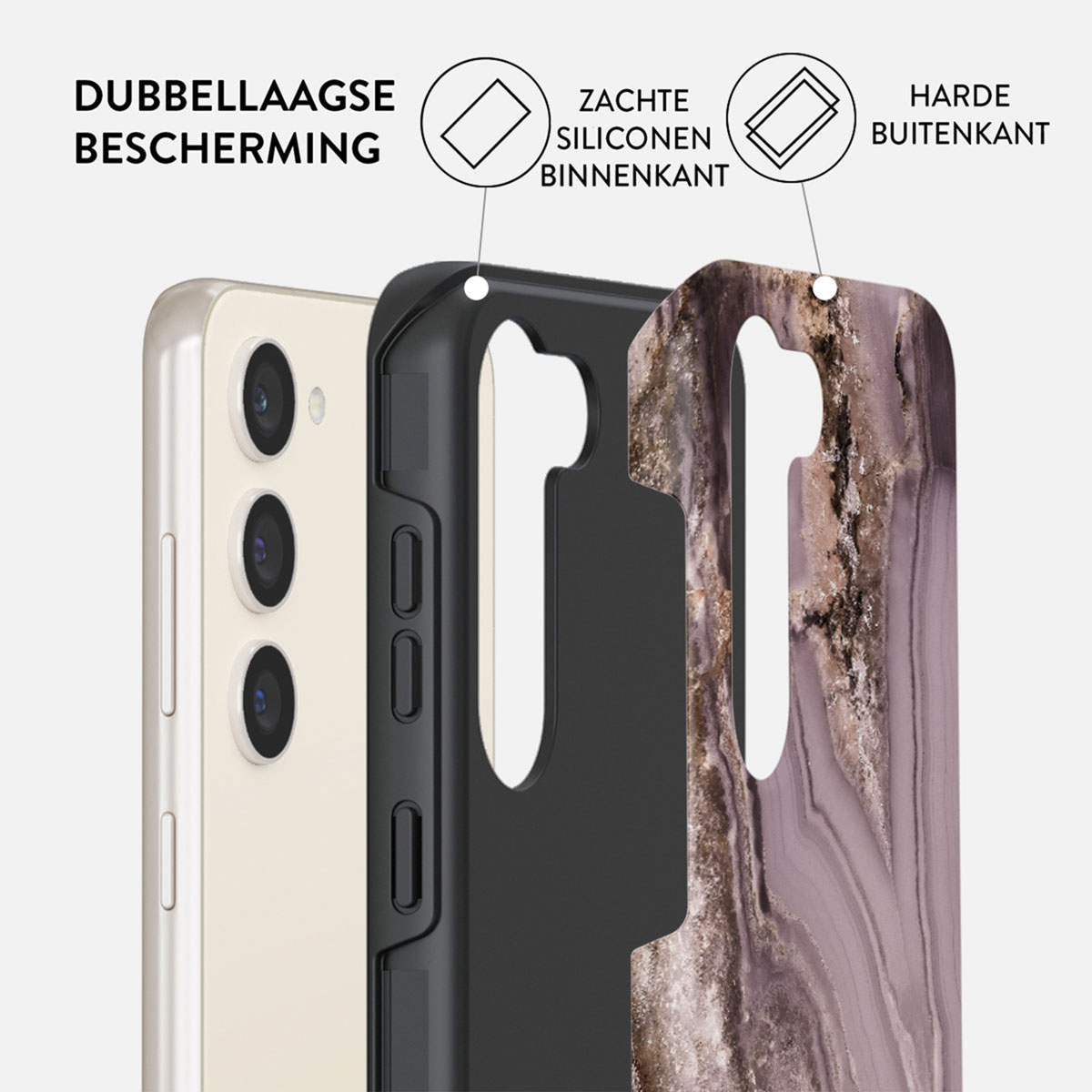 Coque de téléphone montrant une protection double couche : silicone souple à l'intérieur et extérieur dur. Le téléphone est beige clair avec triple caméra.
