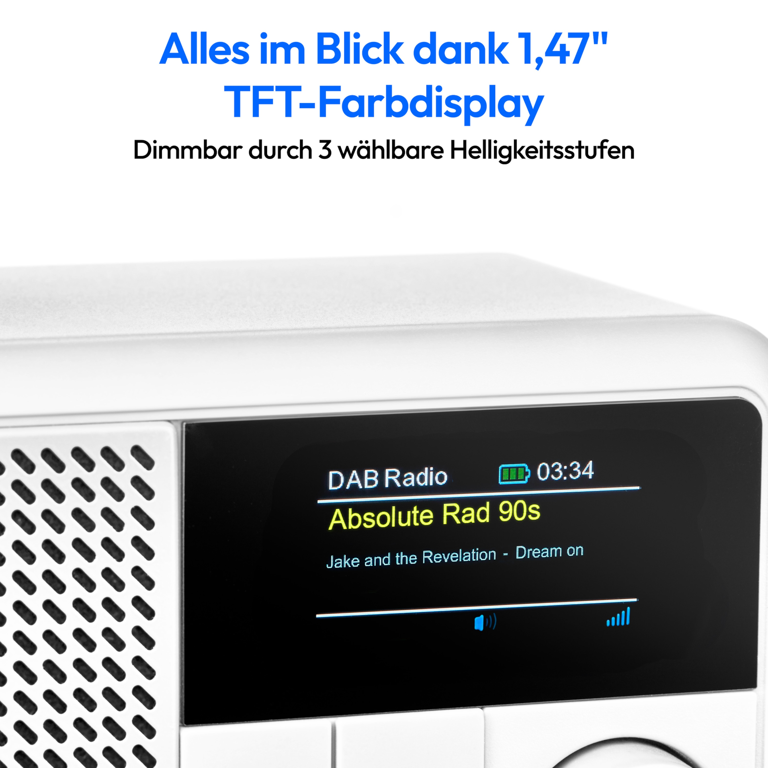 A white radio with a screen displaying DAB radio, time, and song info. Text above: Alles im Blick...