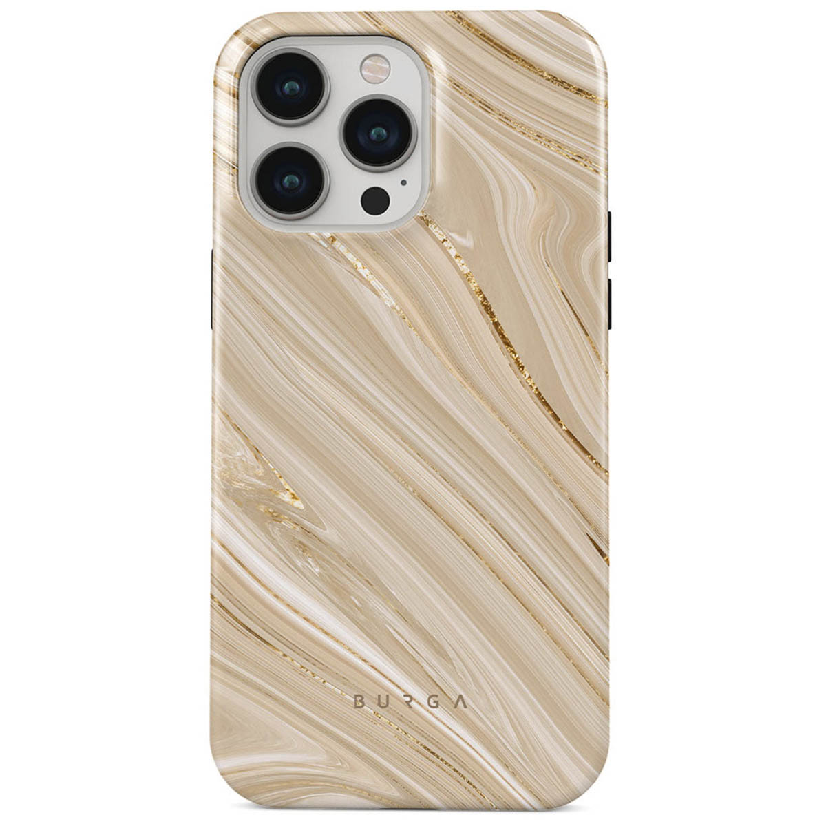Une coque de téléphone avec un motif marbré. Elle présente une palette de couleurs beige et blanche avec des accents dorés. L'appareil photo et les boutons du téléphone sont visibles.