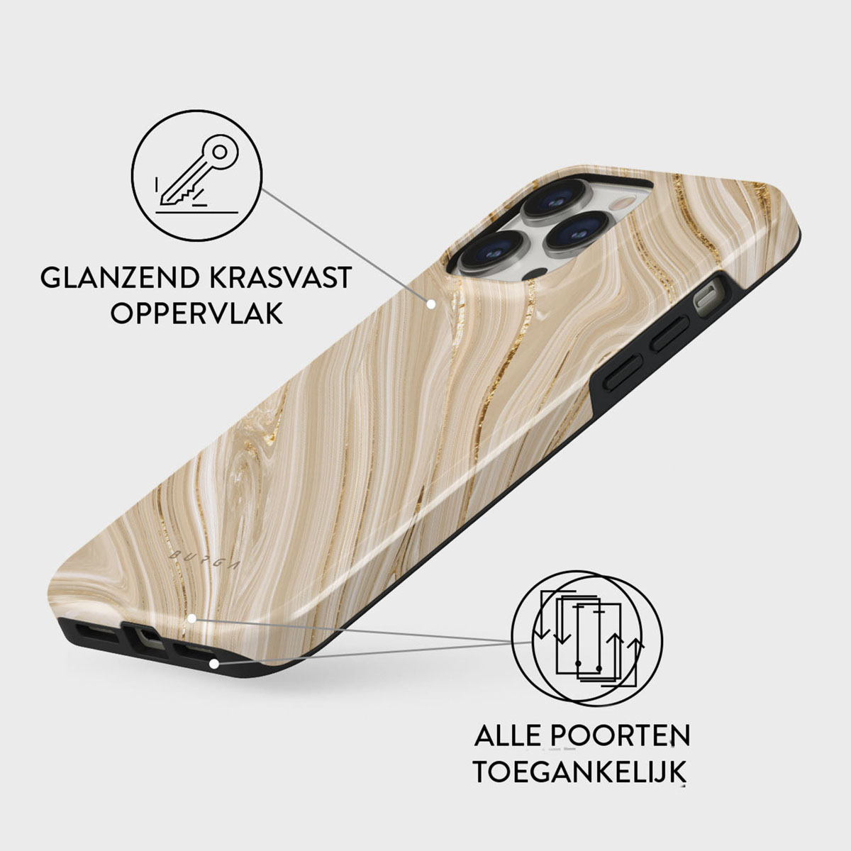 Une coque de téléphone avec un design marbré. Elle a des accents dorés et des bords noirs. Le texte dit : brillant, résistant aux rayures, tous les ports accessibles.