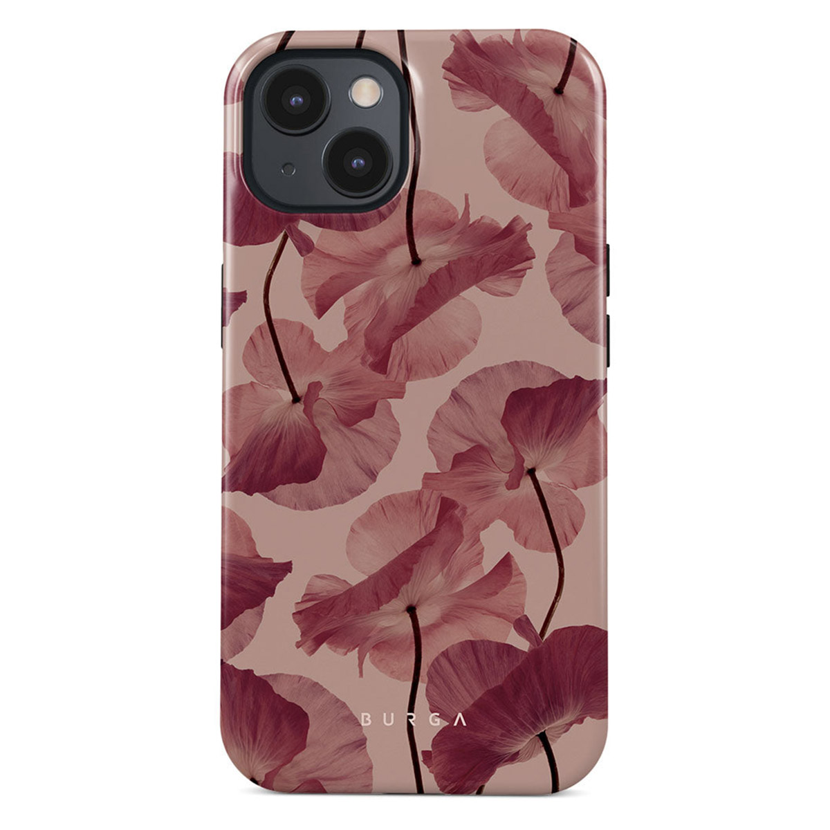 Een telefoonhoesje met een bloemenpatroon. Het heeft roze klaprozen op een lichtroze achtergrond. Zwarte camera en volumeknoppen zijn zichtbaar.