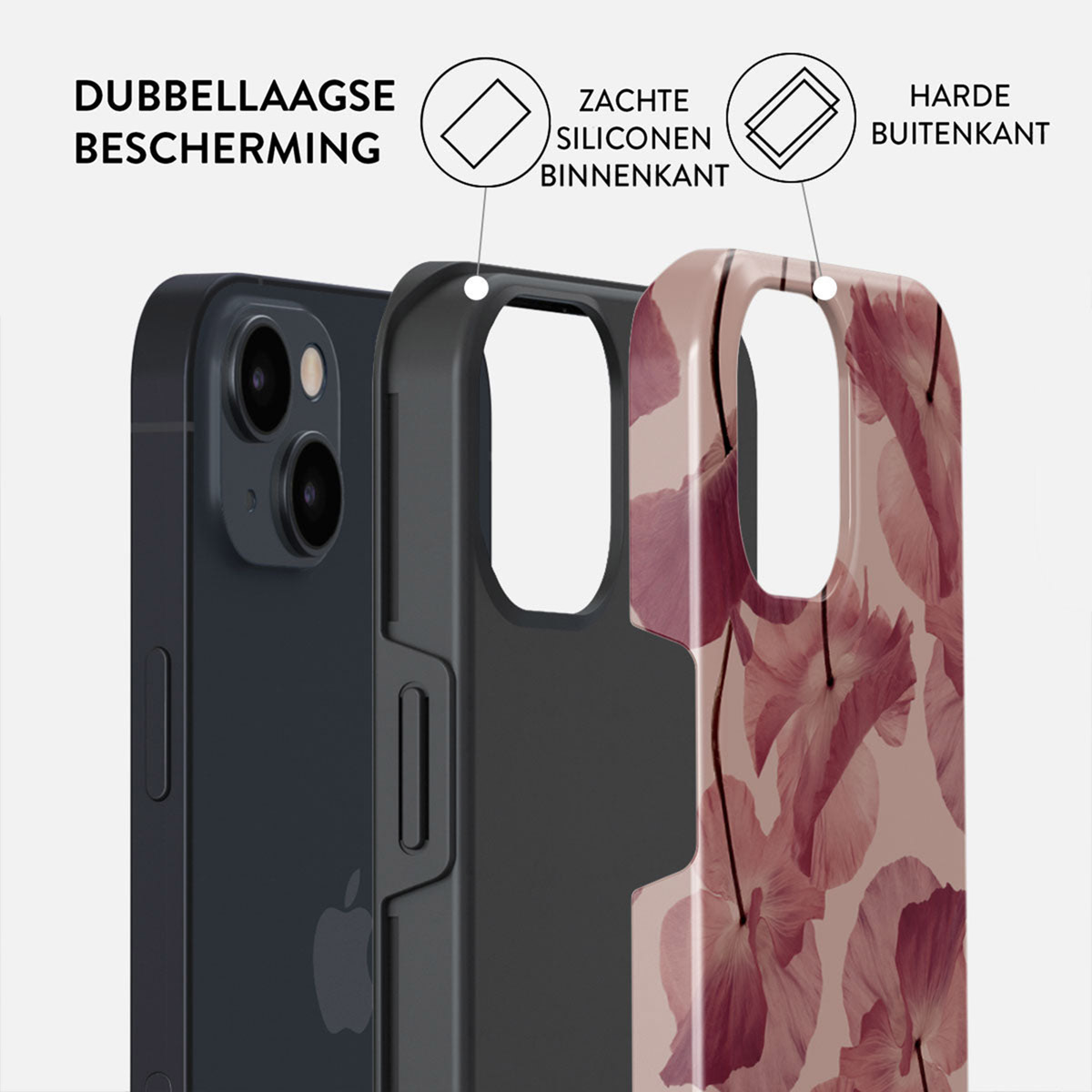Telefoonhoesje met dubbellaagse bescherming. Toont een telefoon, een zwarte laag en een buitenlaag met bloemenpatroon. Tekstlabels geven lagen aan.