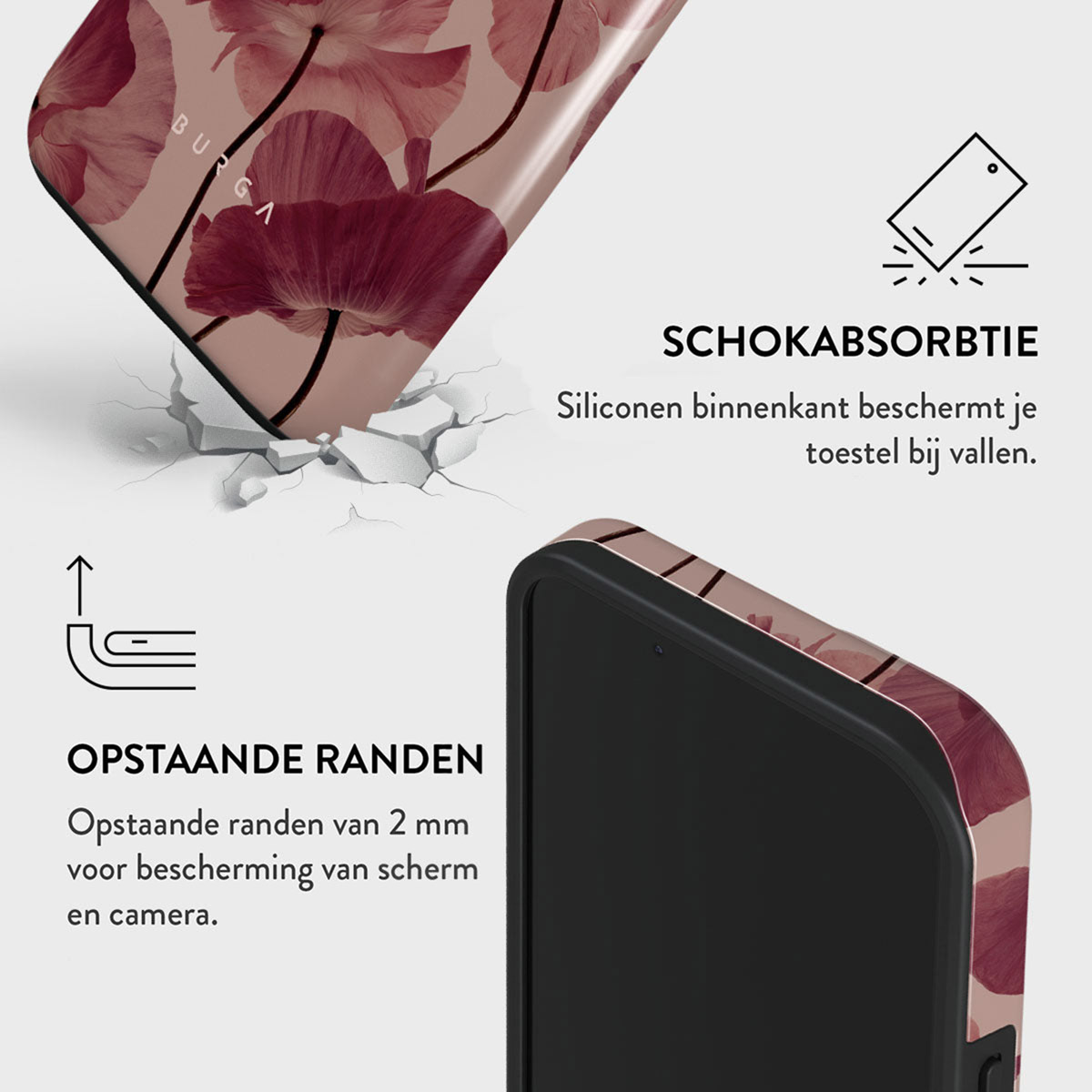 Telefoonhoesje met bloemenontwerp. Het heeft opstaande randen, schokabsorptie en toont het breken van een object.