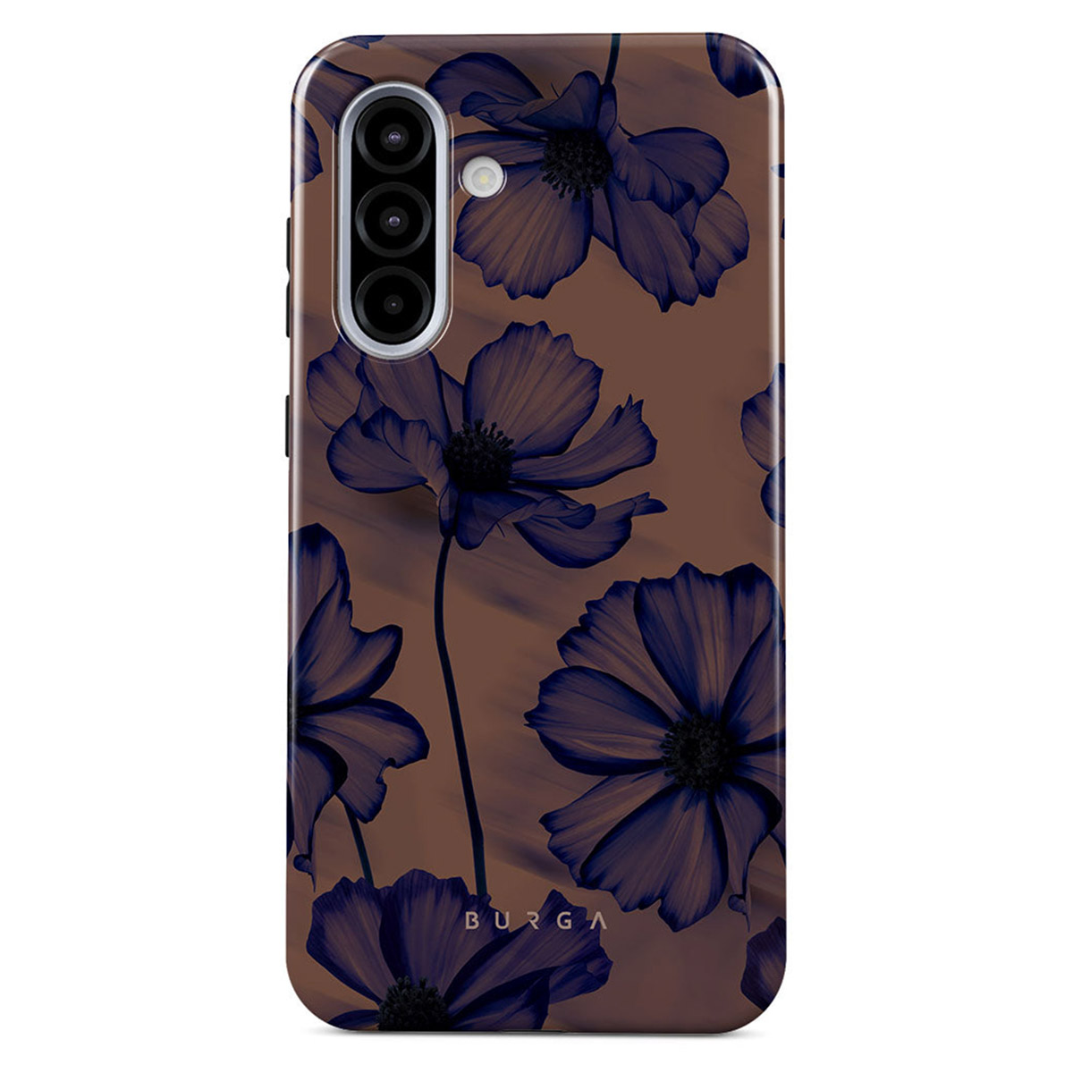 Telefoonhoesje met bloemenmotief. Donkerblauwe bloemen op een bruine achtergrond. De hoes heeft een camera-uitsparing en de merknaam BURGA.