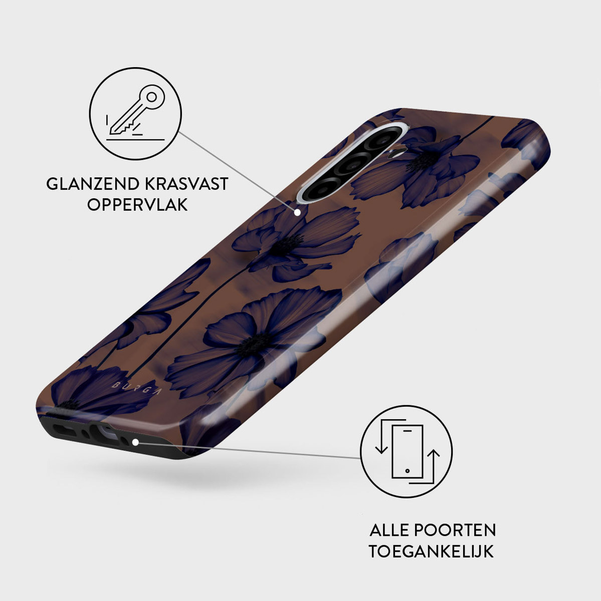 Telefoonhoesje met bloemenpatroon. Bruine achtergrond met donkerblauwe bloemen. Glanzend, glad oppervlak.