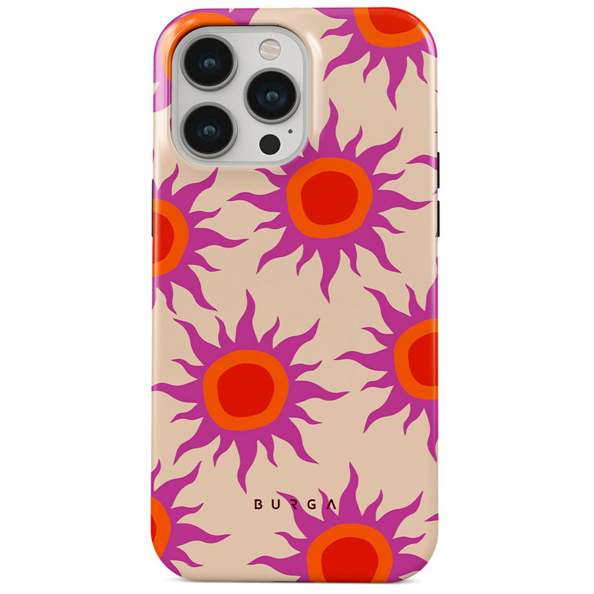 Een telefoonhoesje met een patroon van gestileerde zonnen in oranje en paars tegen een beige achtergrond. De hoes heeft een uitsparing voor de camera.