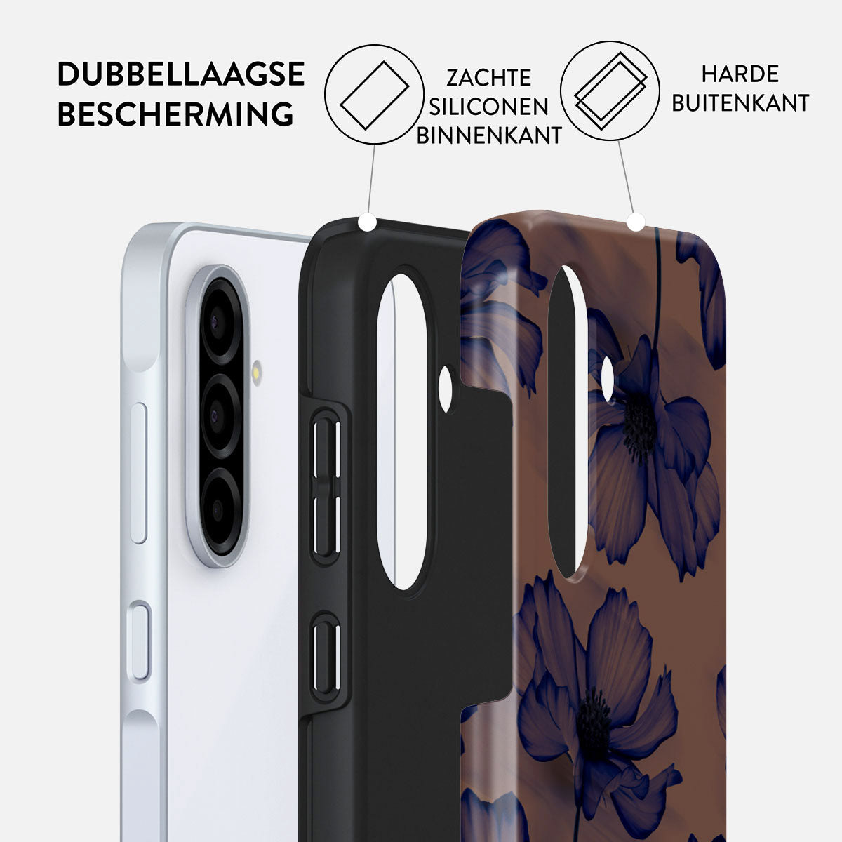 Telefoonhoes met lagen: witte telefoon, zwarte binnenlaag en bedrukte buitenlaag met blauwe bloemen op bruin.