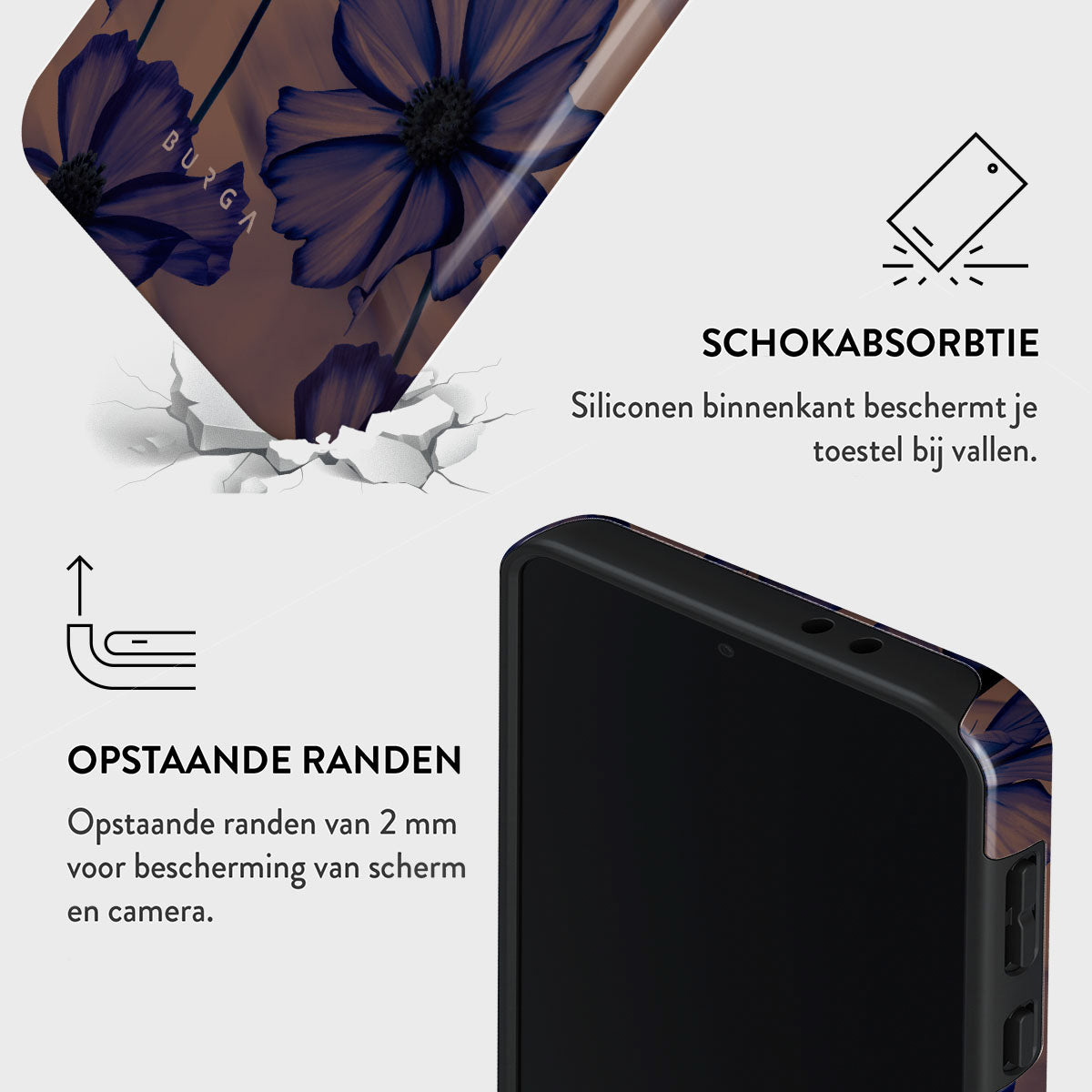 Telefoonhoesje met bloemenontwerp, gebarsten effect. Beschermende kenmerken worden benadrukt. Tekst in het Nederlands. Telefoonscherm zichtbaar.