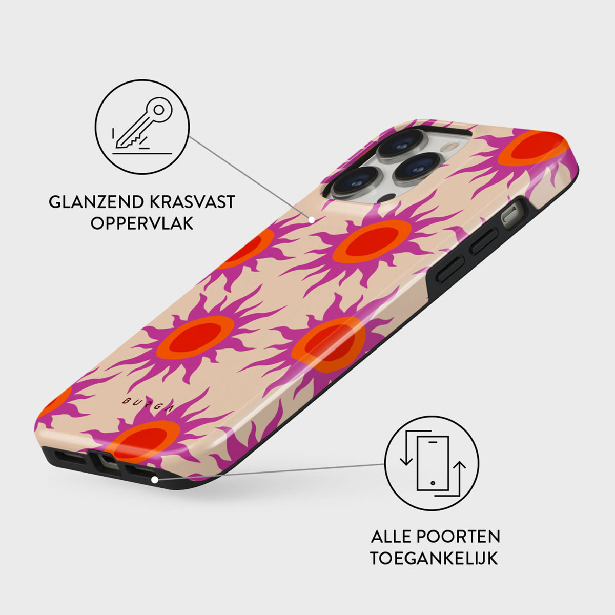 Telefoonhoesje met een zonnepatroon in paars, oranje en beige. De hoes heeft een glanzend oppervlak. Afbeeldingen tonen sleutel en telefoon.