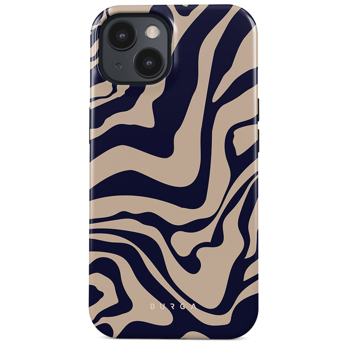 Telefoonhoesje met marineblauw en beige abstract golvend patroon. Het heeft cameralenzen en de merknaam BURGA onderaan.