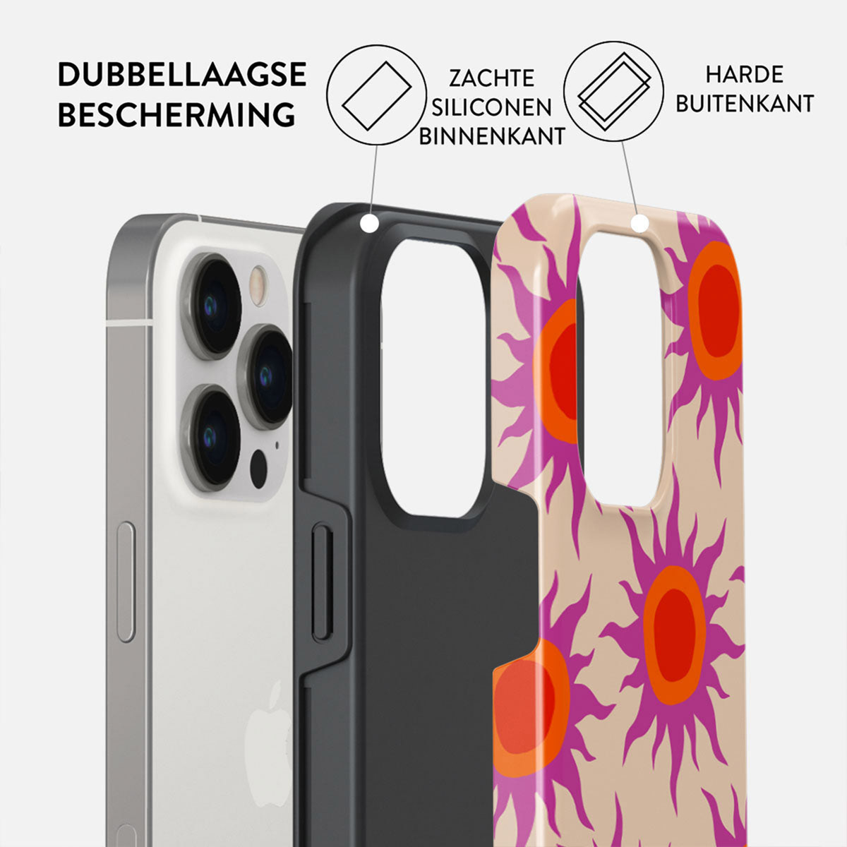 Telefoonhoesje met drie lagen: telefoon, zwarte middenlaag en bedrukte buitenlaag met oranje en paars bloemendesign.