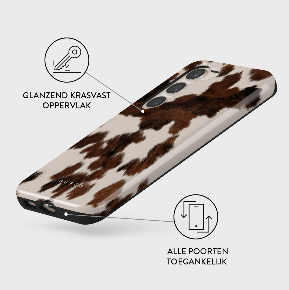 Coque de téléphone à motif peau de vache. L'étui est marron et blanc avec des bords noirs. Des textes et icônes indiquent les fonctionnalités.