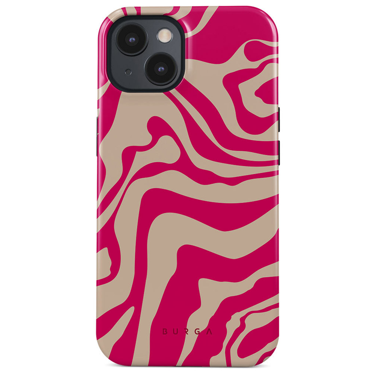 Une coque d'iPhone avec un motif tourbillon rose et beige. La coque du téléphone a un appareil photo noir. La marque BURGA est en bas.