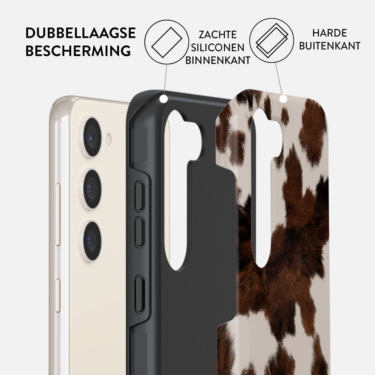 Un téléphone avec une coque de protection. La coque a un motif de peau de vache. La coque est composée d'un intérieur en silicone souple et d'un extérieur dur.