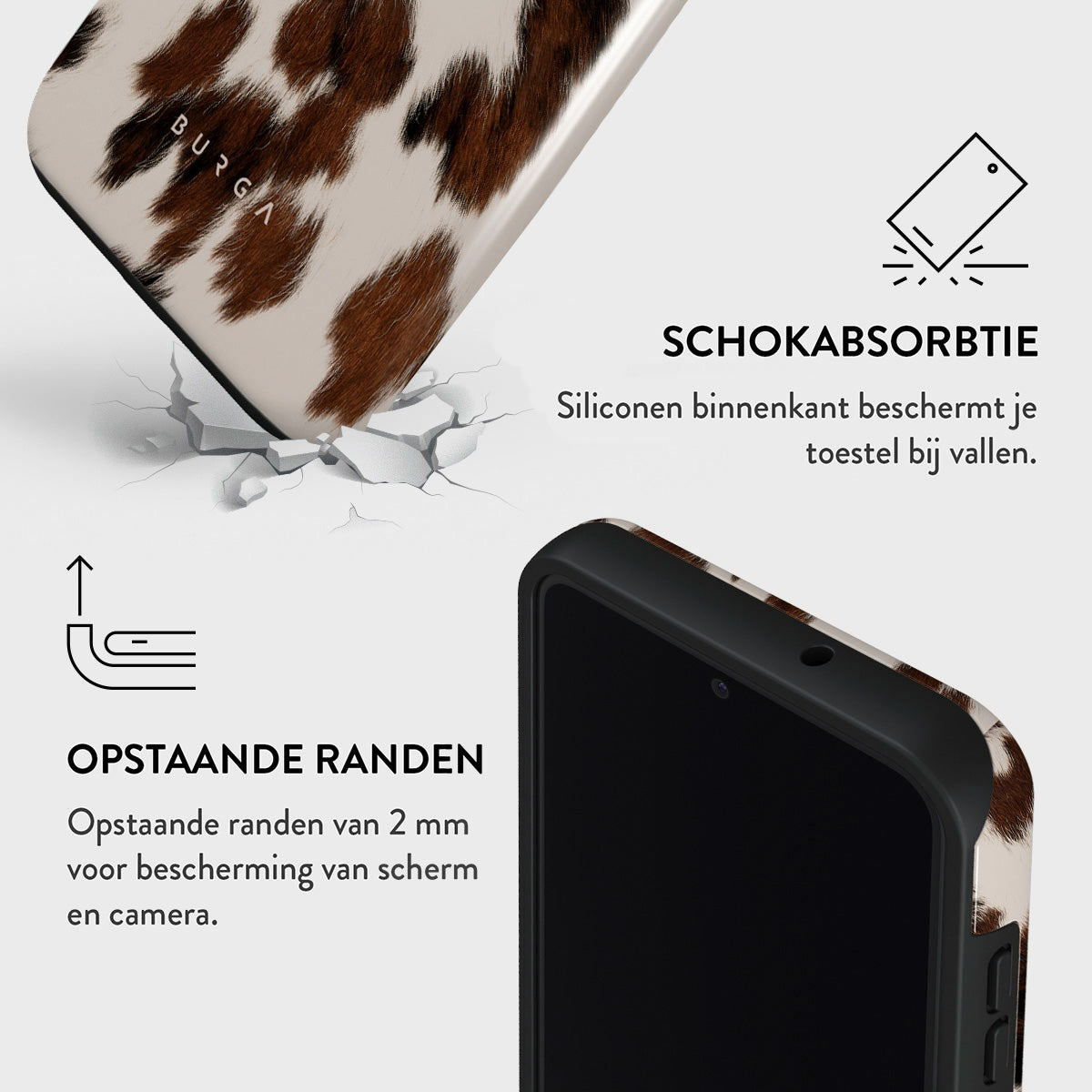 Un étui de téléphone avec un motif de peau de vache est présenté avec du texte décrivant l'absorption des chocs et les bords surélevés.