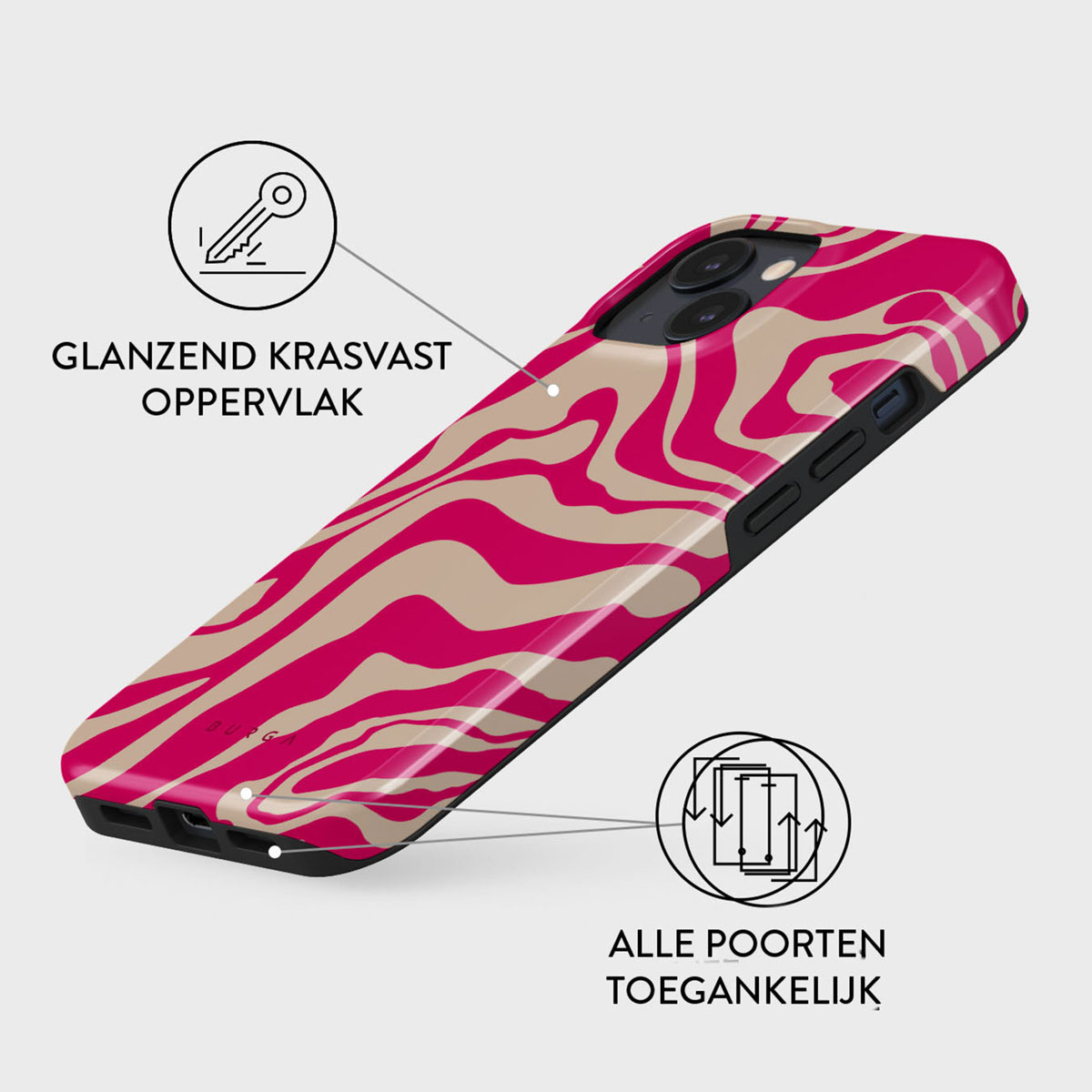 Une coque d'iPhone avec un motif ondulé rose et beige. Texte : 'GLANZEND KRASVAST OPPERVLAK' et 'ALLE POORTEN TOEGANKELIJK'.