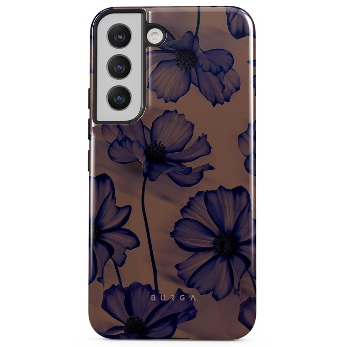 Telefoonhoesje met bruine achtergrond en donkerblauw bloemenpatroon, met camera en merklogo.