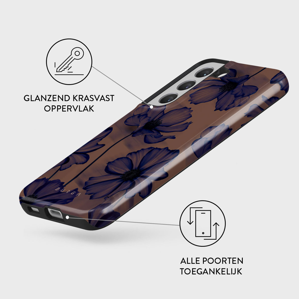 Telefoonhoesje met bloemendesign. Bruine achtergrond met blauwe bloemen. Nederlandse teksten: 'Glanzend krasvast oppervlak' en 'Alle poorten toegankelijk'.