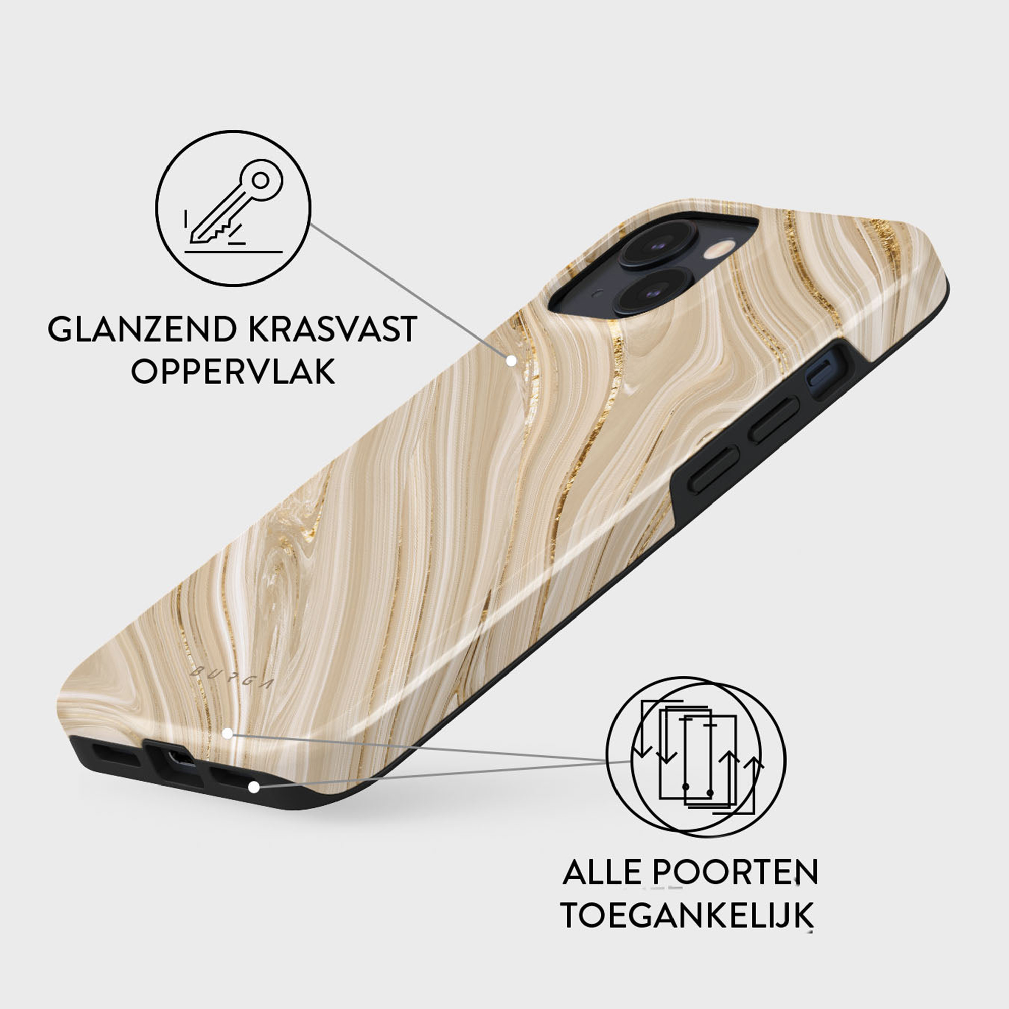 Un étui de téléphone avec un motif marbré. Il a une surface brillante et résistante aux rayures. Tous les ports sont accessibles.