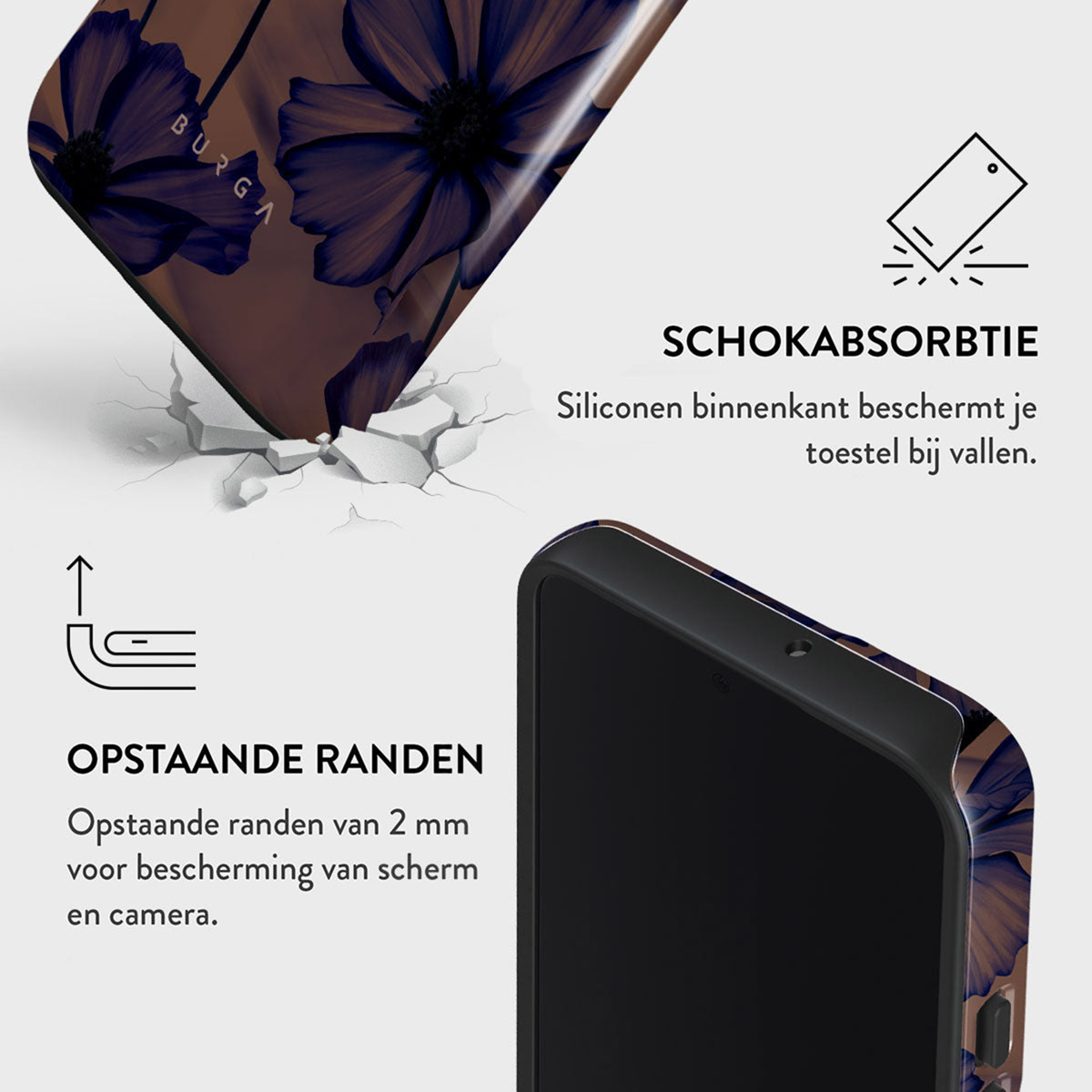 Een telefoonhoesje met een bloemenontwerp wordt getoond, samen met tekst die functies zoals schokabsorptie en verhoogde randen benadrukt.