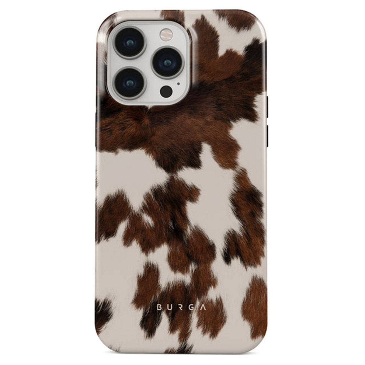 Telefoonhoesje met een koeienhuidpatroon van bruine en witte vlekken. De hoes heeft een camerabult en de merknaam BURGA.
