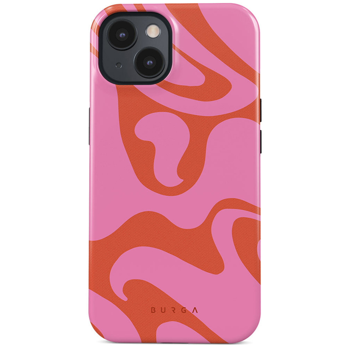 Pink phone case with an orange wavy pattern. The phone has black camera lenses and the brand name BURGA is at the bottom.