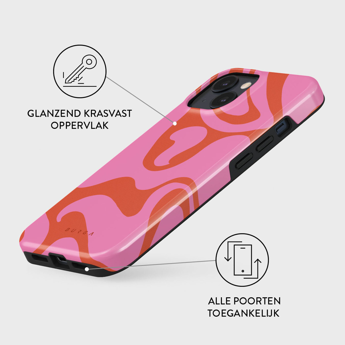 Pink phone case with orange wavy pattern. Black border, glossy surface. Texts say 'glanzend krasvast oppervlak' and 'alle poorten toegankelijk'.