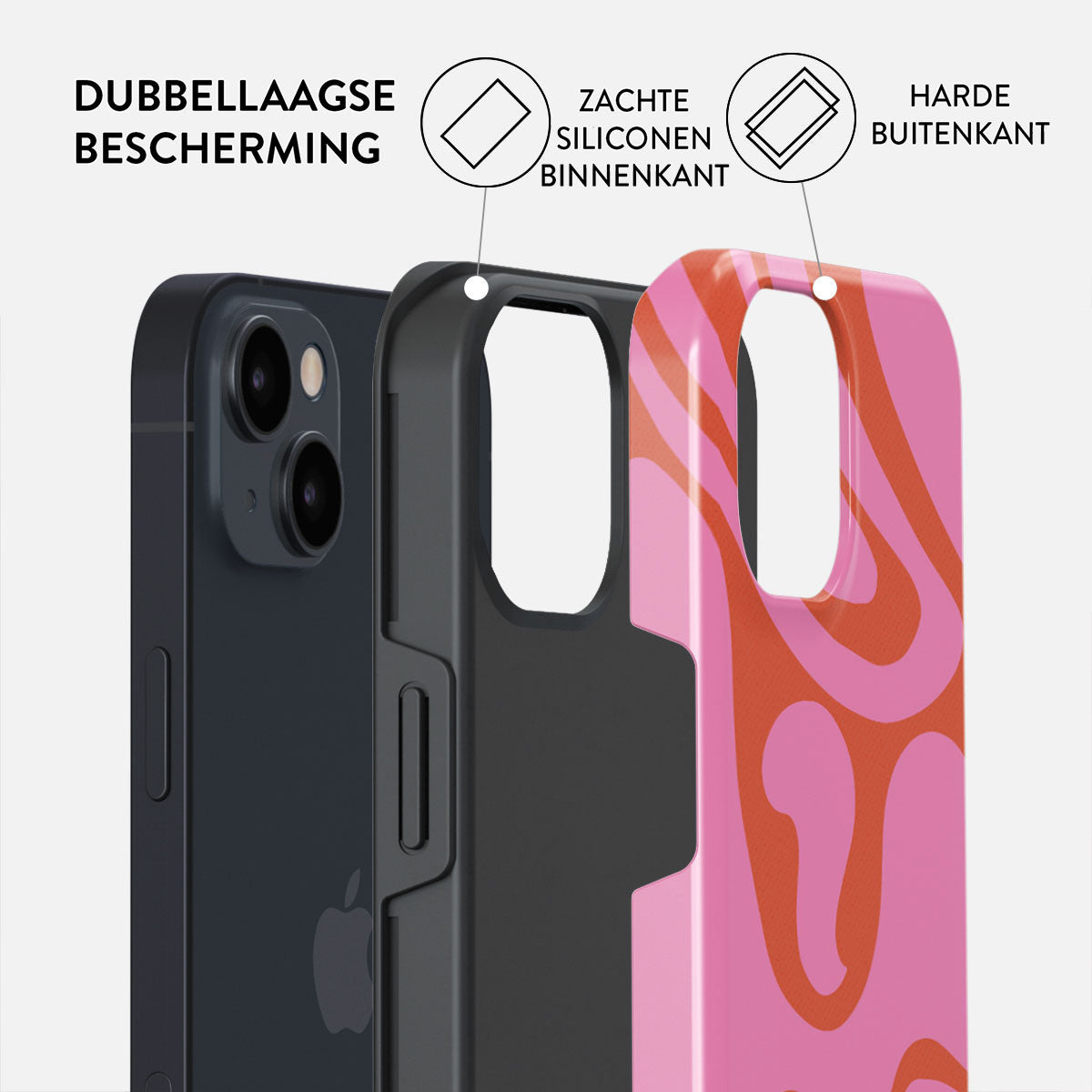 A phone inside a case with three layers: phone, black inner case, and pink and orange patterned outer case. Text labels the layers.